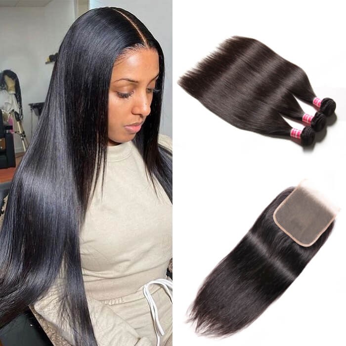 Kriyya Peruvian 100 Human Hair 3 Bundles With 5*5 Lace Closure Straight Human Hair