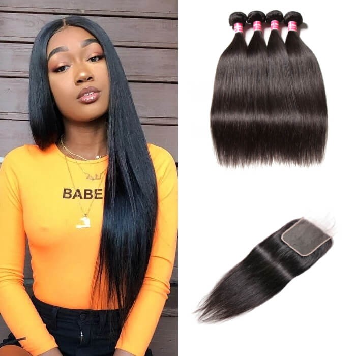 Kriyya Brazilian Straight Weave 4 Bundles With 5x5 Closure With Baby Hair