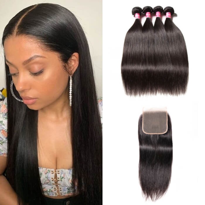 Kriyya Malaysian Straight Hair Weave 4 Bundles With Pre Plucked 5x5 Lace Closure 