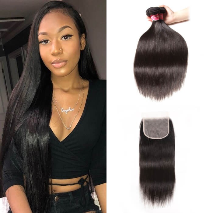 Kriyya Indian Virgin Hair Straight 3 Bundles With Transparent Lace Closure 5*5 Inch