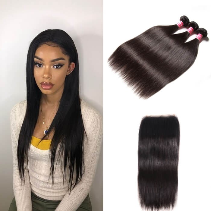 Kriyya Peruvian Unprocessed Virgin Hair 3 Pcs Straight With 5*5 Transparent Lace Closure