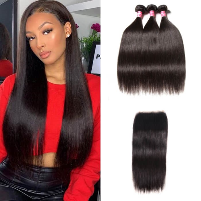 Kriyya Brazilian 3 Bundles With 5*5 Transparent Lace Closure Straight 100% Human Hair