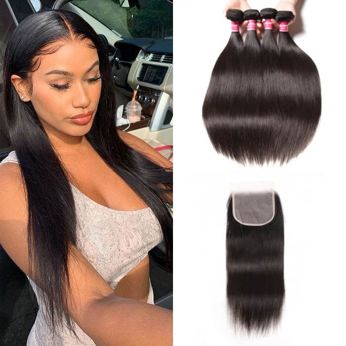 Kriyya Brazilian 4 Bundles Straight Hair Weave With 5x5 Transparent Lace Closure
