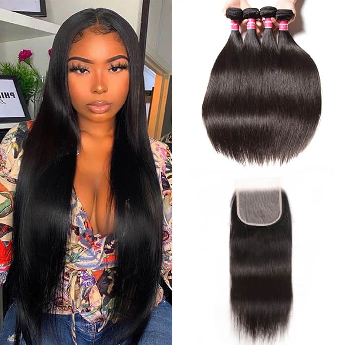 Kriyya Peruvian Straight Hair Weave 4 Bundles With 5x5 Lace Closure