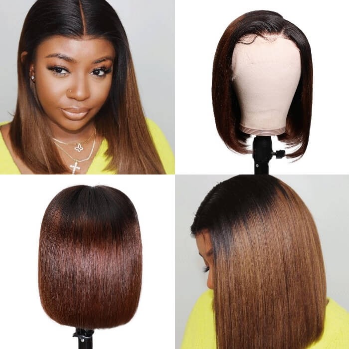 Kriyya Ombre Chestnut Brown Short Bob Lace Front Wig 13x4 Human Hair Wigs 150% Density