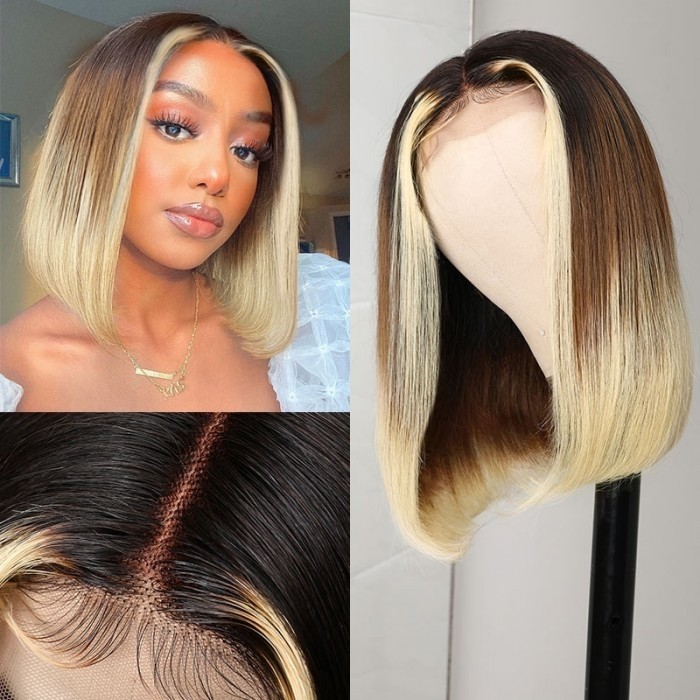 Kriyya Ombre Colored Bob Wigs with Face Freaming Streaks Lace Part Highlight Human Hair Wig With Dark Root 150% Density