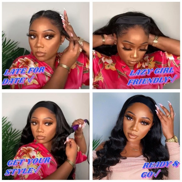 Bogo Sale- 18 inch Ombre Headband Wigs Straight Human Hair Wig With 16 Inch Water Wave Headband Wig