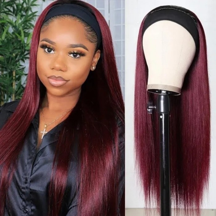 Kriyya 99J Headband Wig with Natual Black Root Straight Human Hair Wigs Sale
