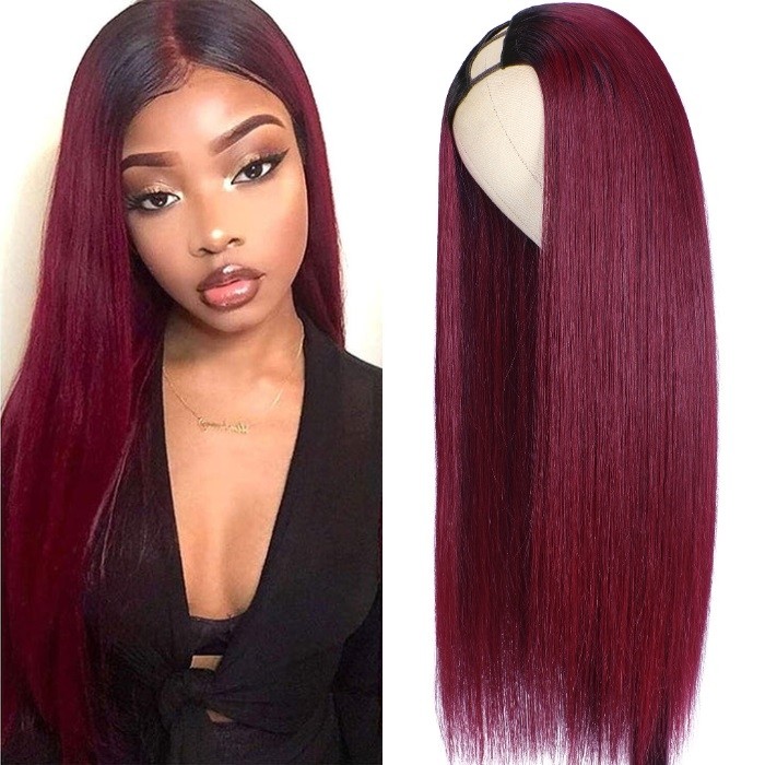 Kriyya Straight Human Hair Wig 1B99J Ombre Burgundy Upgrade U Part Wig Thinner U Part Wig
