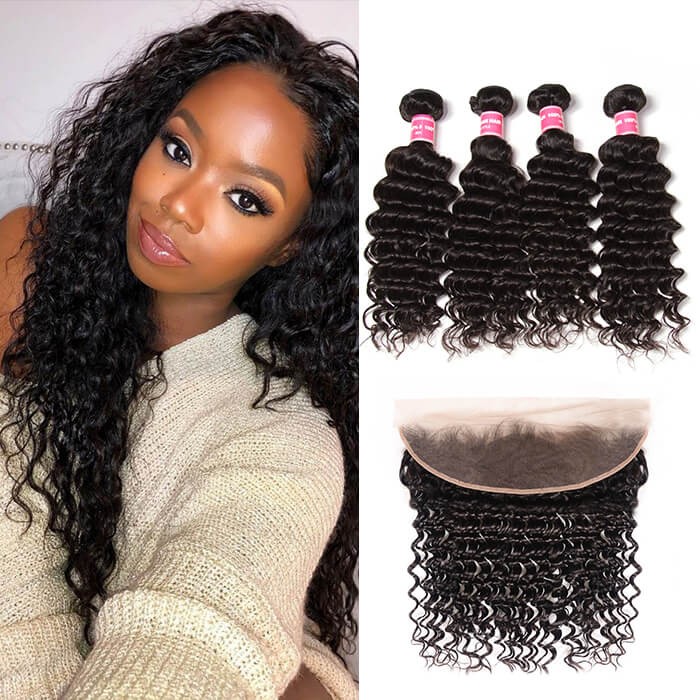Kriyya Peruvian Deep Wave Wet And Wavy Virgin Hair 13x4 Lace Frontal With 4 Bundles Deals 