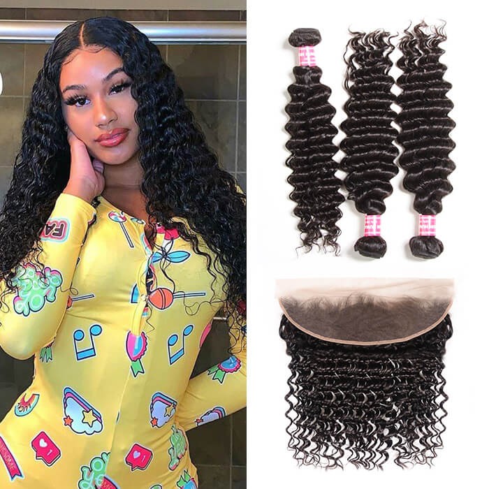Kriyya 3 Pcs Deep Wave With 13*4 Lace Frontal Peruvian Remy Human Hair