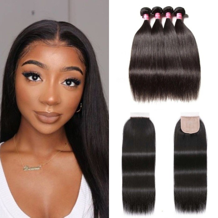 Kriyya Straight Human Hair 4 Bundles With 4X4 Pu Scalp Closure 16-20 Inch Natural Color