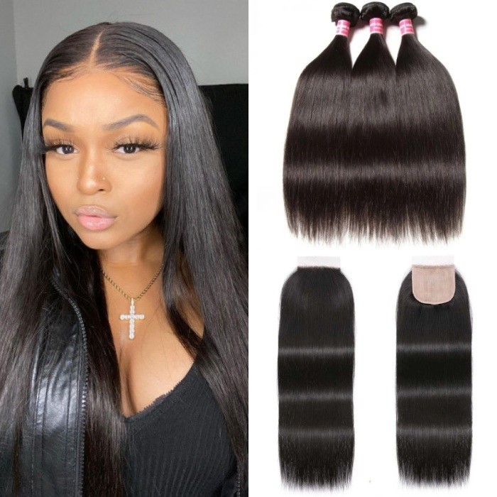 Kriyya Straight 3 Bundles With 4x4 PU Skin Closure Fake Scalp Human Hair Natural Black 16-20 Inch