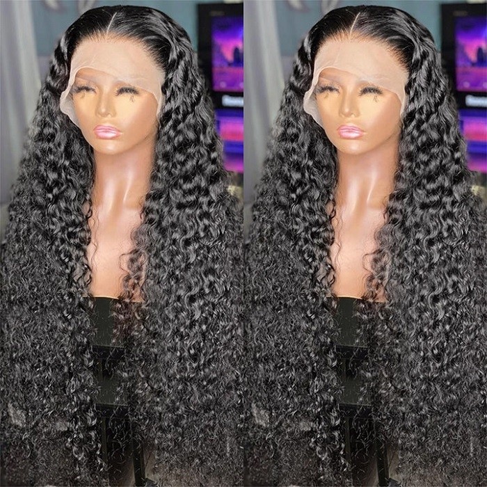 Kriyya Sassy Curl Deep Wave 13X4 Lace Front Wig Pre Plucked Virgin Human Hair Wigs With Baby Hair Natural Black Color 150% Density