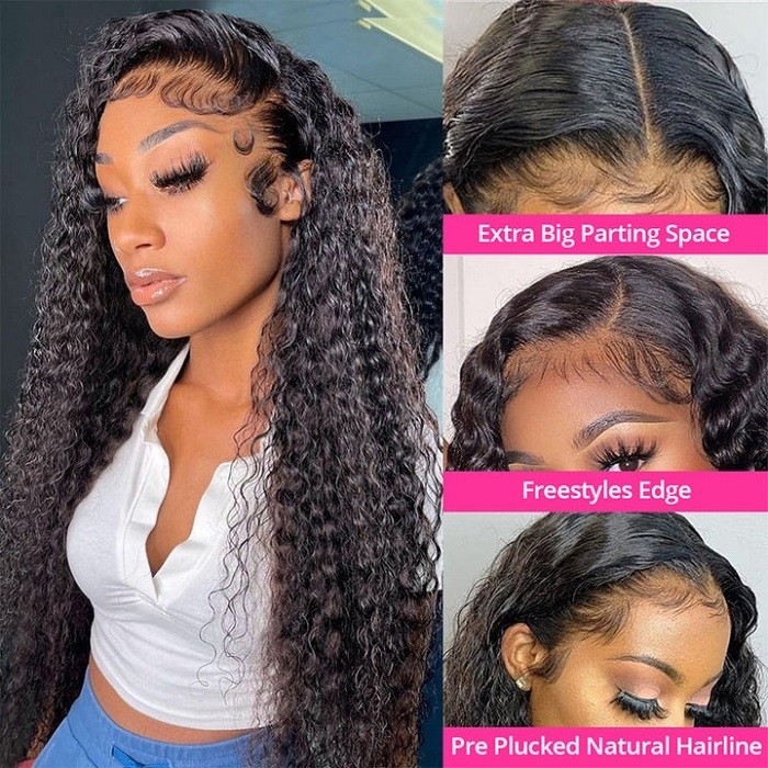 Kriyya Sassy Curl Deep Wave 13X4 Lace Front Wig Pre Plucked Virgin Human Hair Wigs With Baby Hair Natural Black Color 150% Density