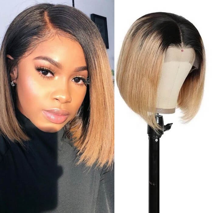 Kriyya 13x4 Short Bob Lace Front Wig Blunt Cut Ombre Blonde Human Hair Wigs 150% Density  