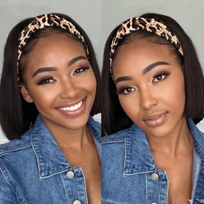 Kriyya Short Straight BOB Headband Wig Glueless Human Hair Wig Natural Black 150% Density