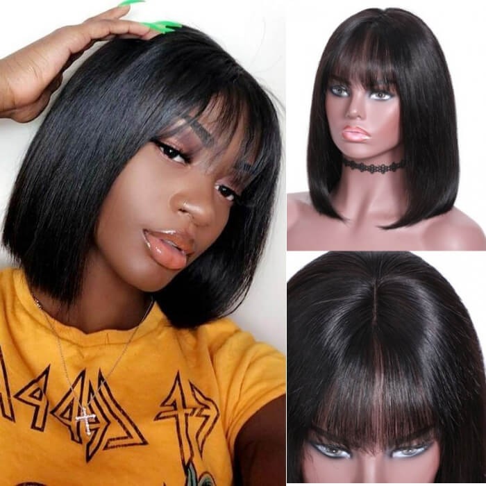 Kriyya Short Straight Wigs 13x4 Lace Front Human Hair Blunt Cut Bob Wig With Bangs 130% Density