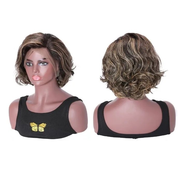 Kriyya Short Wavy Bob Wigs Honey Blonde Highlight 13x4 Lace Front Wigs Virgin Hair 150% Density
