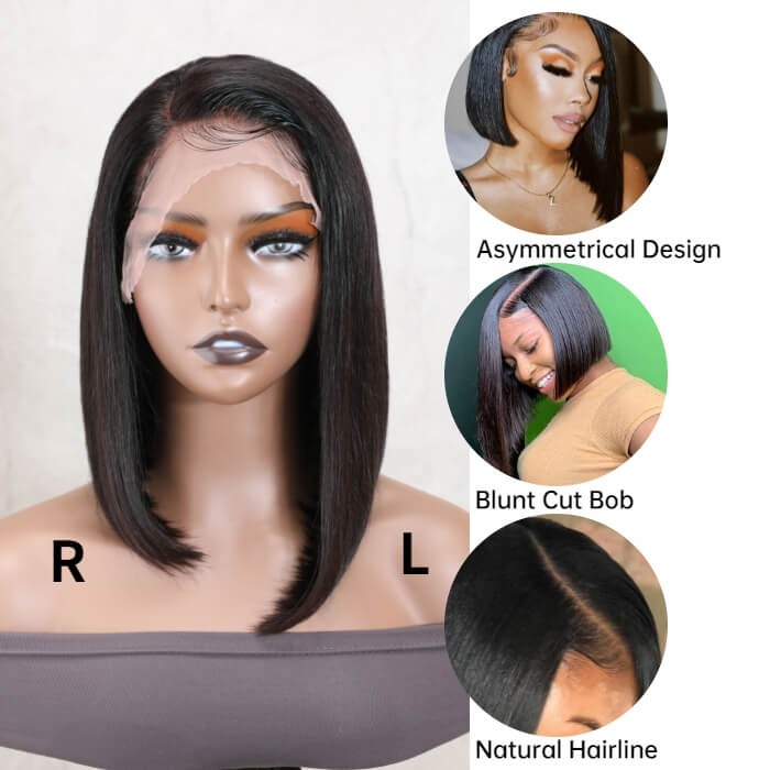Kriyya Human Hair Bob Wigs With Side Part Short Blunt Cut  Lace Front Wig Asymmetric Bob Wigs