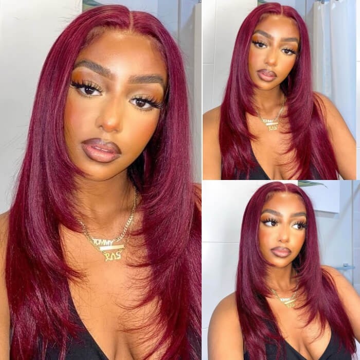 Kriyya 100% Virgin Human Hair 99J Dark Red Straight Lace Part Wigs 150% Density Middle Part Wig