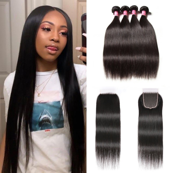 Kriyya Straight Human Hair With Transparent Lace Closure 4 Bundles With 5x5 HD Lace Closure Unprocessed Virgin Hair