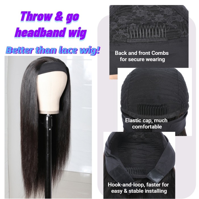 Kriyya Straight Headbands Wigs Glueless Human Hair Wigs with Headband Attached