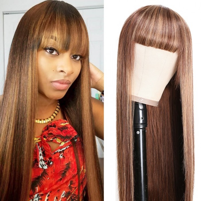 Kriyya Straight Streaks Wig With Bangs Honey Blonde Highlight Human Hair Capless Wig