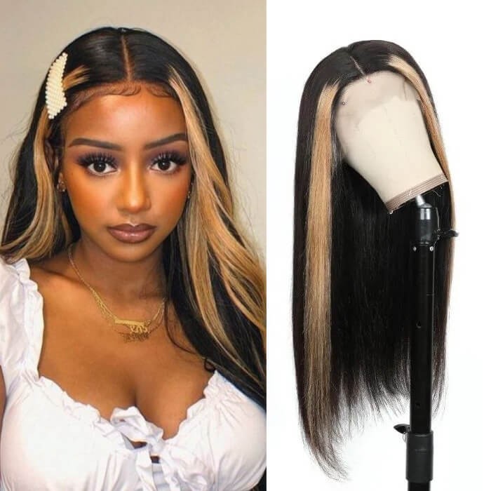Kriyya 13x4 Straight Lace Front Wigs With Streaks Honey Blonde Highlight Wig Human Hair 180% Density