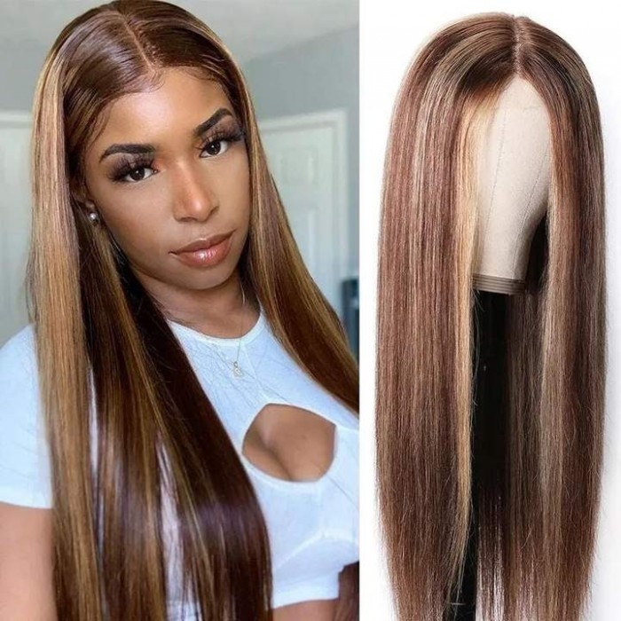 Kriyya Straight Lace Part Wig Honey Blond Highlight Wigs 4 Inch Lace Wig 150% Density
