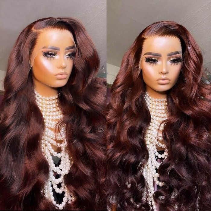 Kriyya Strawberry Brunette Human Hair Body Wave Wig 13x4 Lace Front With Baby Hair 150% Density