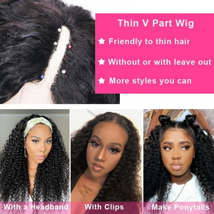 Kriyya Beginner Friendly Glueless V Part Curly Wig No Leave Out No Gel Human Hair Wig  Effortless To Put On 150% Density Natural Color