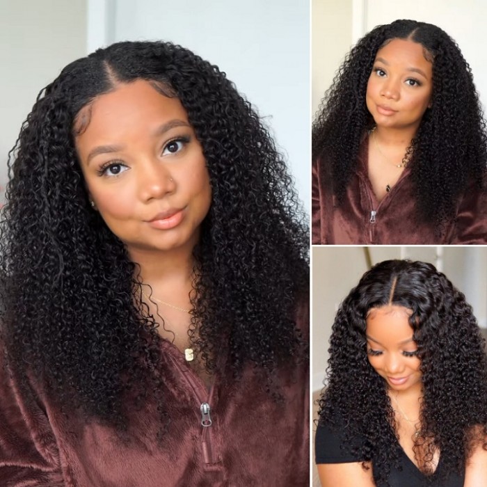Kriyya New V Part Kinky Curly Wig No Leave Out Human Hair Wig Upgrade U Part Wig Natural Color