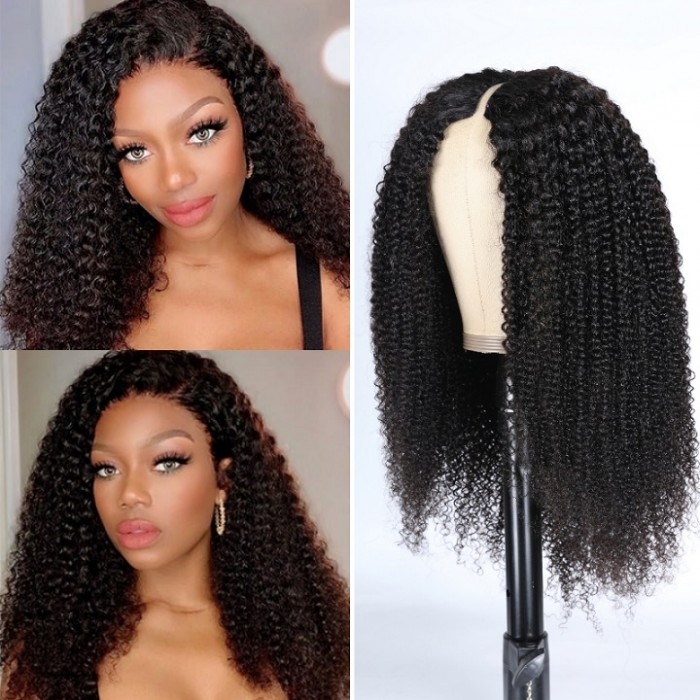 Kriyya New Glueless V Part Kinky Curly Wig No Leave Out Human Hair Wig Natural Color 150% Density