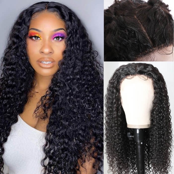 Kriyya Virgin Hair Jerry Curly Three Part Lace Part Wig 150% Density Pre Plucked Double U Lace Wigs