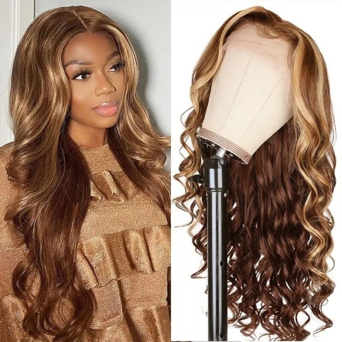 Kriyya Wand Curls Highlight Human Hair Wig Piano Color 13x4 Lace Front Wigs with Baby Hair