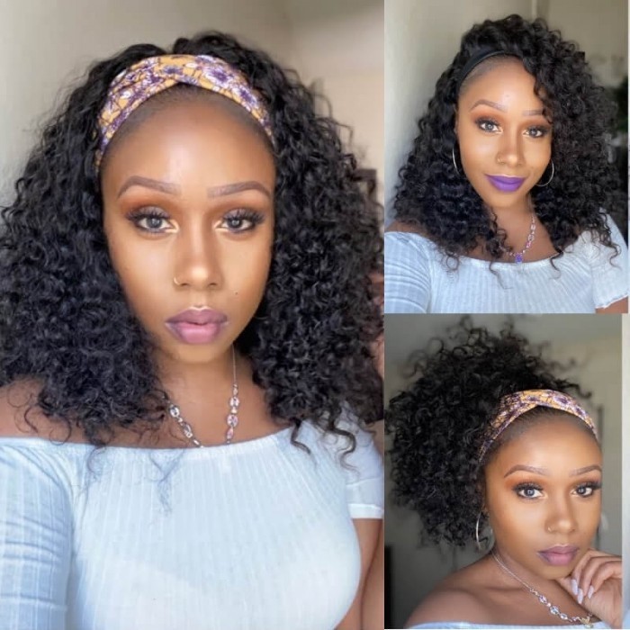 Clearance Sale-Kriyya Remy Jerry Curly Headband Bob Wig 150% Density Natural Color