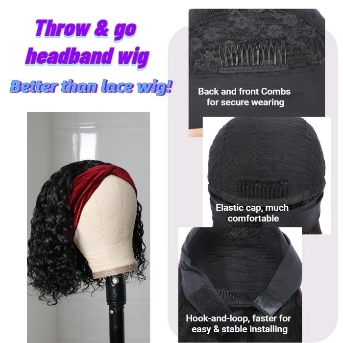 Kriyya Short BOB Headband Wig Water Wave Human Hair Wig Glueless Easy Wear