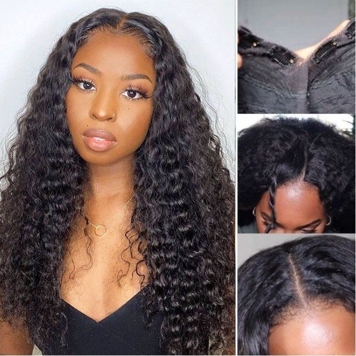 Kriyya Glueless Wet and Wavy Deep Wave V Part Wigs 2 in 1 Dry Straight Wet Curly Wig