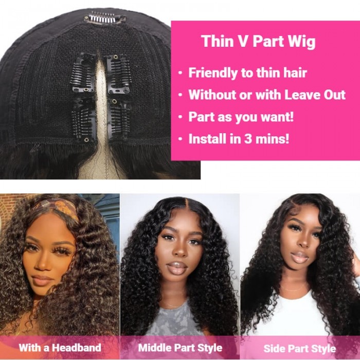 Kriyya Glueless Wet and Wavy Deep Wave V Part Wigs 2 in 1 Dry Straight Wet Curly Wig