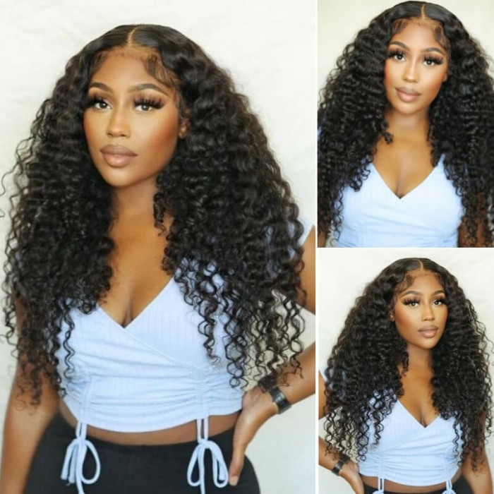 Kriyya Glueless Wet and Wavy Deep Wave V Part Wigs 2 in 1 Dry Straight Wet Curly Wig