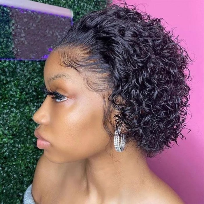 Kriyya Short Curly Pixie Cut Wig 100% Human Hair Lace Wig 13 By 1 Inch Handtied Hairline
