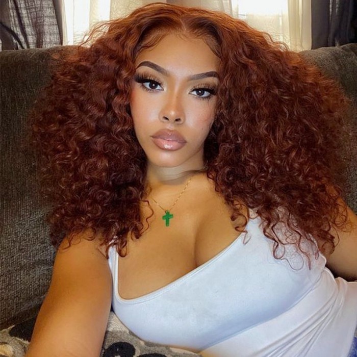 Kriyya Chic Auburn Color Middle T Part Curly Lace Front Wig with Natural Hairline