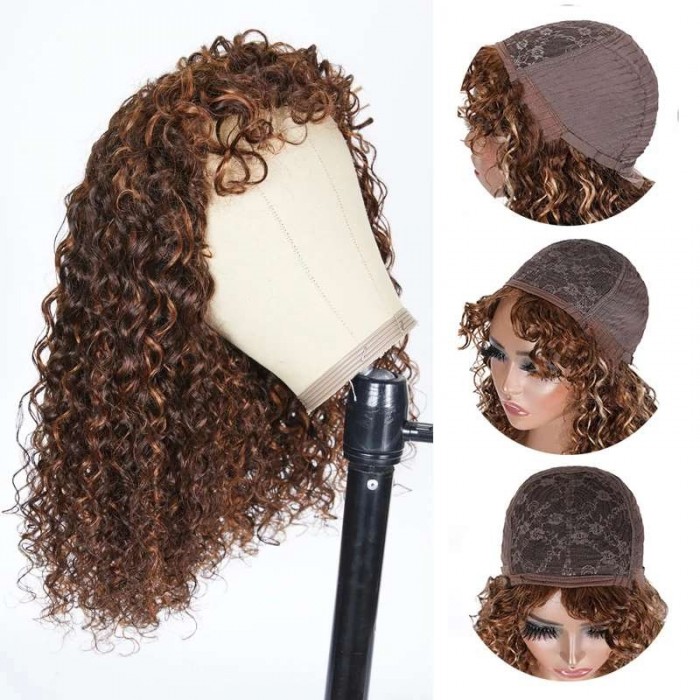 Kriyya Highlight Brown Deep Wave Wig Color #F430 Machine Made Human Hair Wigs With Bangs