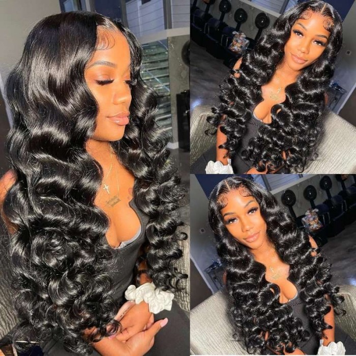 Kriyya Loose Wave 13x4 Lace Front Wigs With Baby Hair 100% Human Hair Natural Black Wig