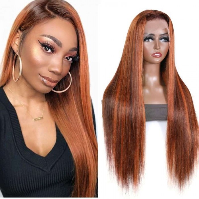 Kriyya Straight Lace Front Wig #M38 Copper Red Highlight Virgin Human Hair Wig 150% Density