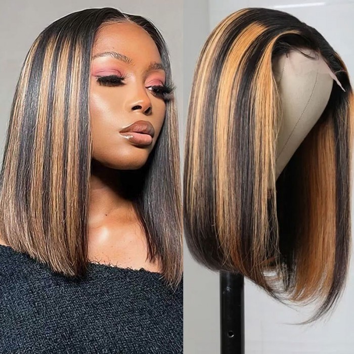 Kriyya Straight Highlight Human Hair Bob Wigs Middle Part Piano Color Lace Front Short Wigs For Autumn