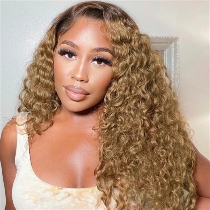 Kriyya Ombre Honey Blonde Deep Wave Human Hair Wig With Brown Root Pre Plucked Deep Wave 13x4 Lace Front Wig