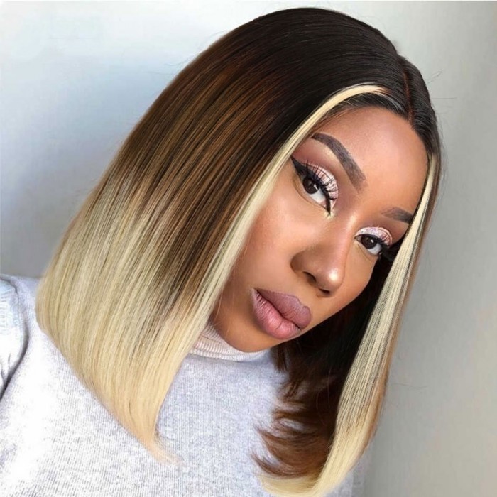 Kriyya Ombre Colored Bob Wigs with Face Freaming Streaks Lace Part Highlight Human Hair Wig With Dark Root 150% Density