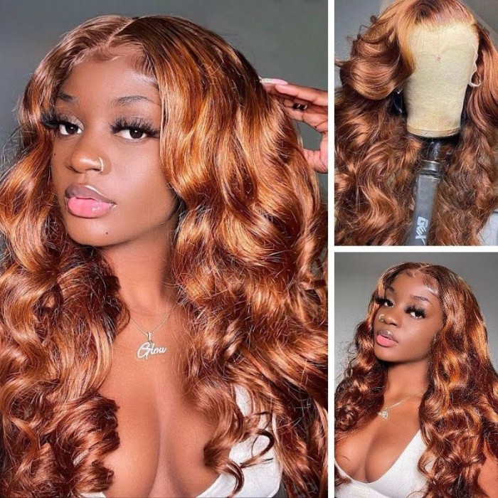 Kriyya 13X4 Ombre Highlight Loose Wave Wig Caramel Brown Lace Front Human Hair Wig 180% Density